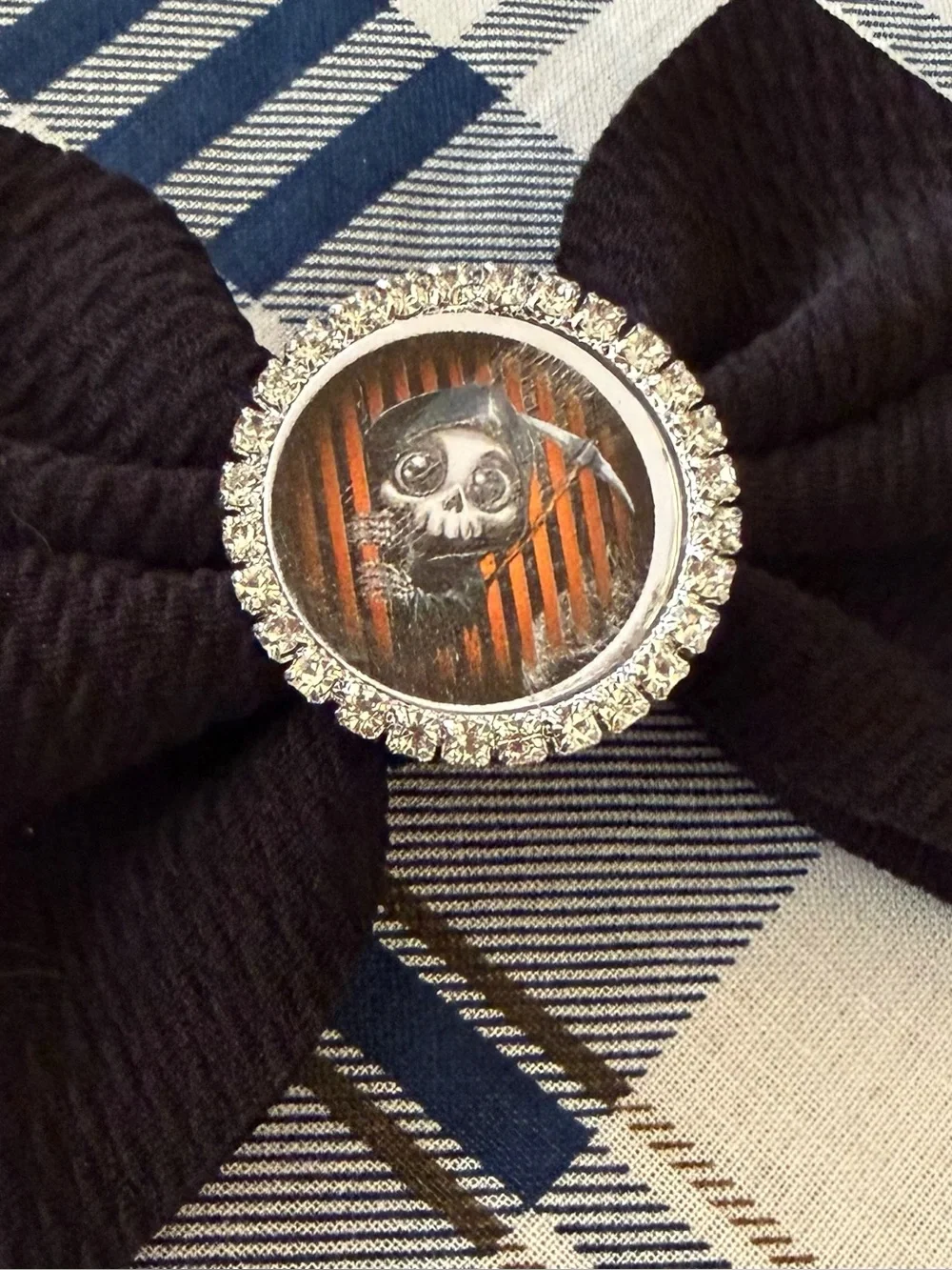Black Bow Hair Clip with Rhinestone Skull Center